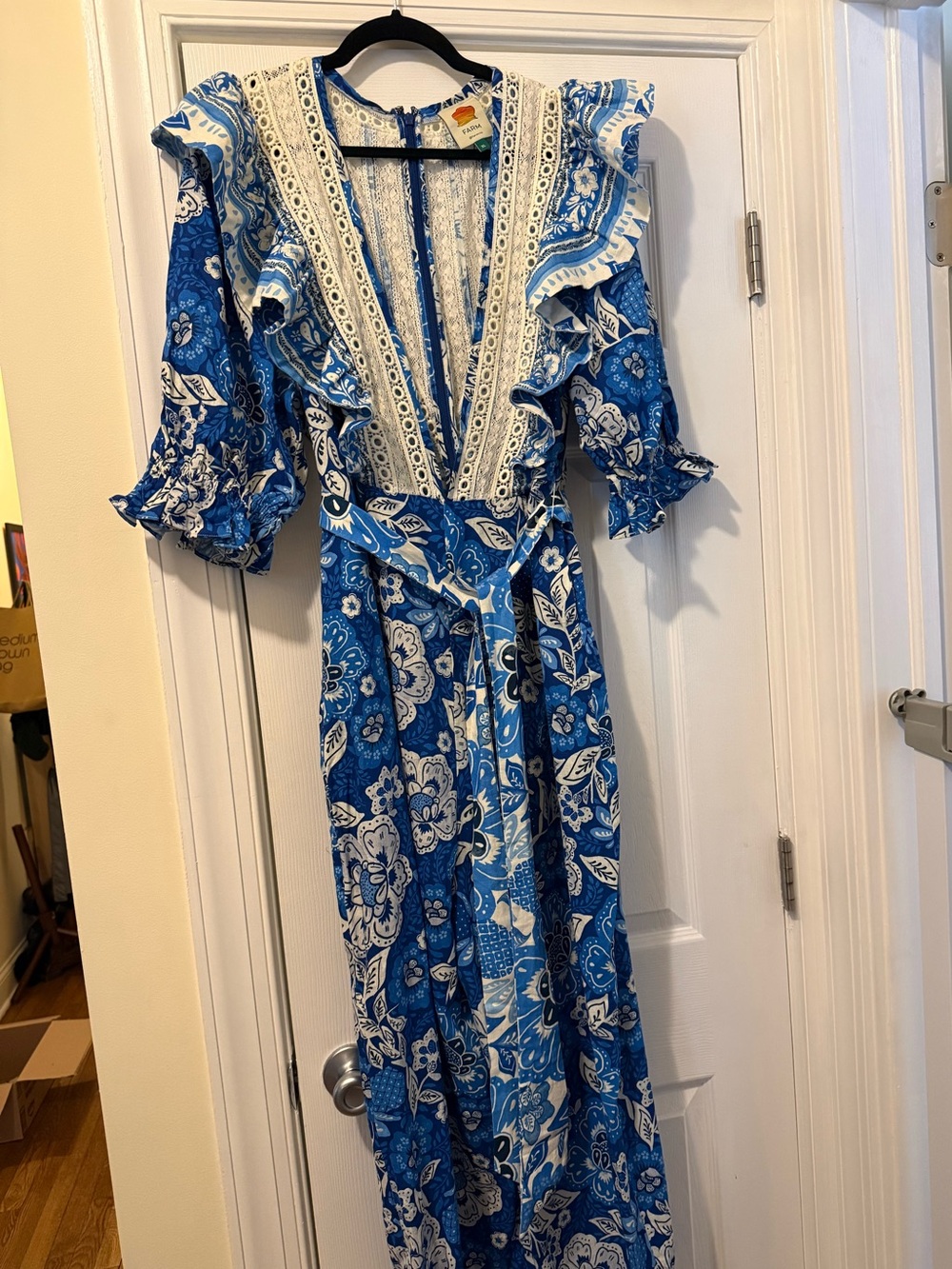 NWOT FARM Rio Blue & White Floral Ruffle Jumpsuit